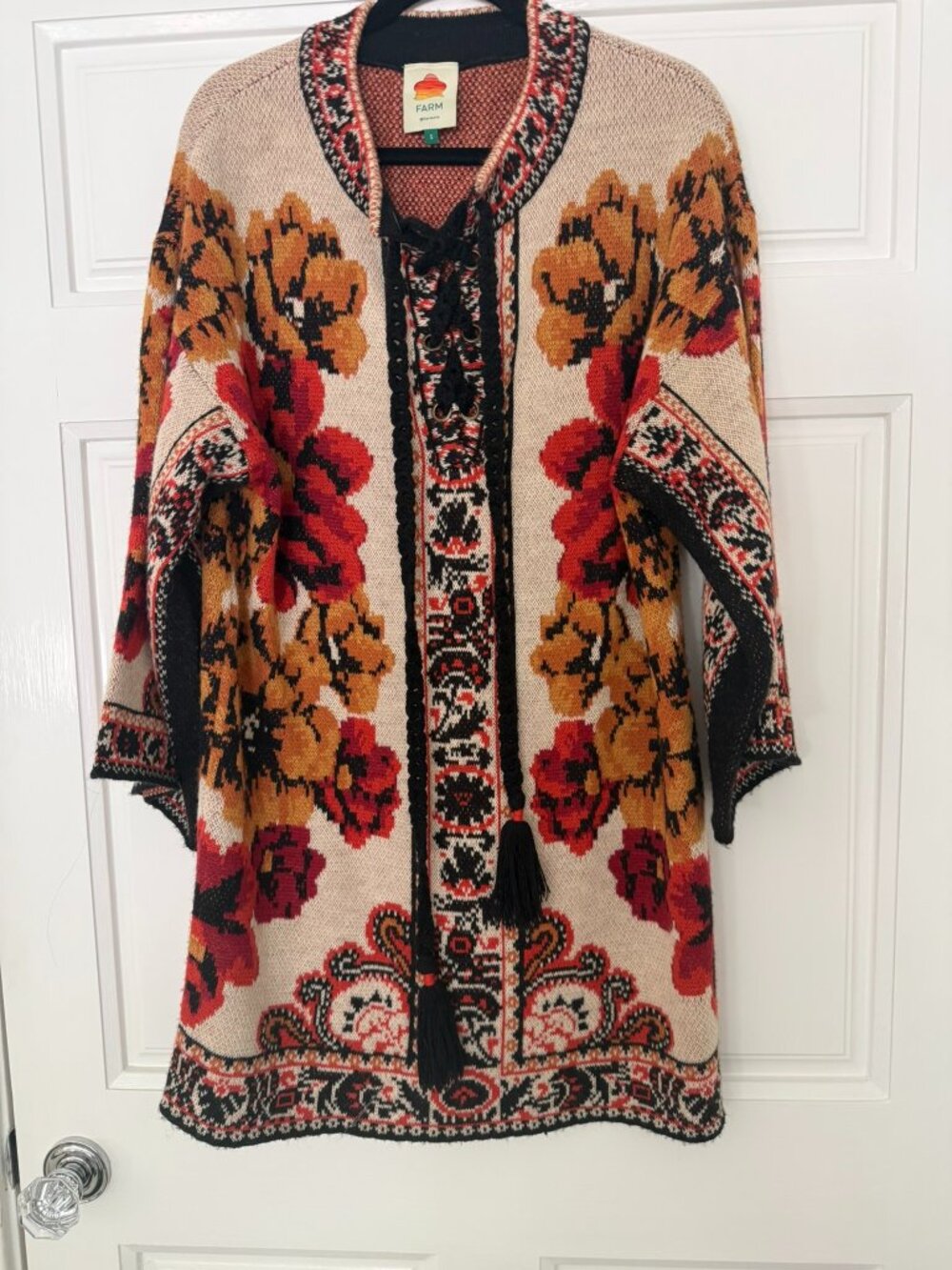 Farm Rio Floral Jacquard Knit Sweater Dress Lace Up Tassel Boho Tapestry Size S